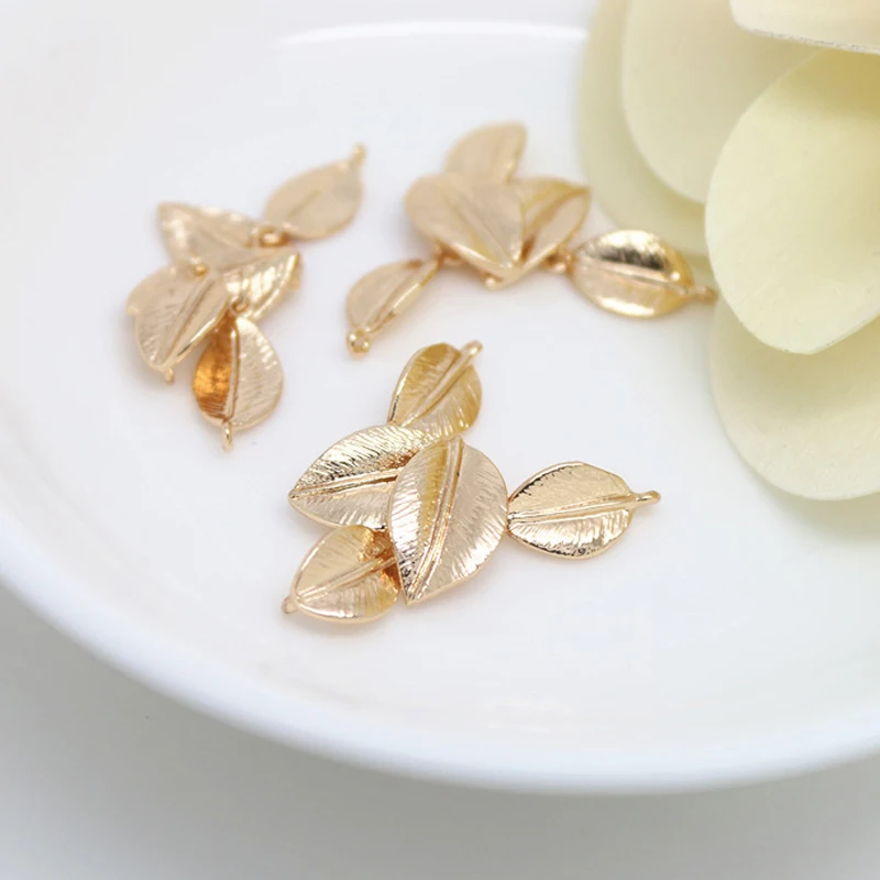 (1616)4PCS 34*19MM 24K Champagne Gold Color Brass Connect Tree Leaf Charms Pendants High Quality Jewelry Findings Accessories