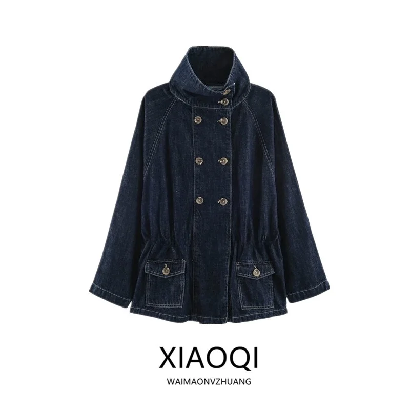 Fall 2026 New Women's Long Sleeve Stand Collar Denim Jacket Tailored Line European Style Loose Fit Outerwear for Ladies