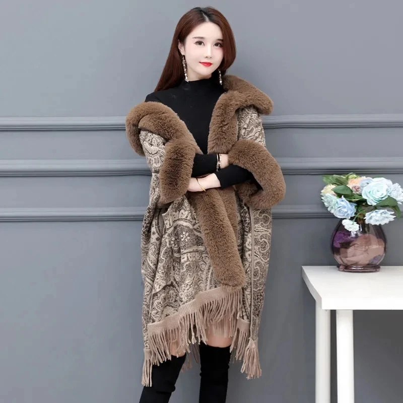 Autumn Winter Thick Imitation Rabbit Fur Cape Women Large Size Loose Tassel Knitted Outerwear Ladies Cardigan Wool Cloak Shawl