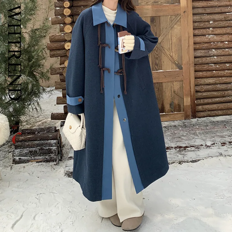 

WHTREND Embroidered Horn Button Color Block Woolen Coats For Women Lapel Big Size Warm Coats Female Winter New Clothes