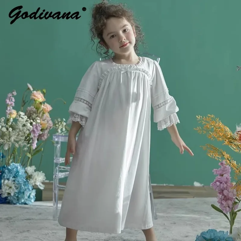 

Little Girl Short-sleeve Loose Long Nightgown 2026 New Summer Lightweight Princess Sweet and Cute Cotton Sleepwear for Girls