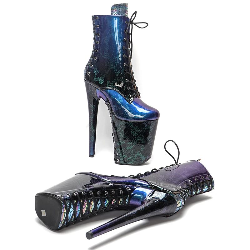 Leecabe  23CM/9inches shinny Snakeskin material lace up sole and upper   High Heels Pole Dance boot