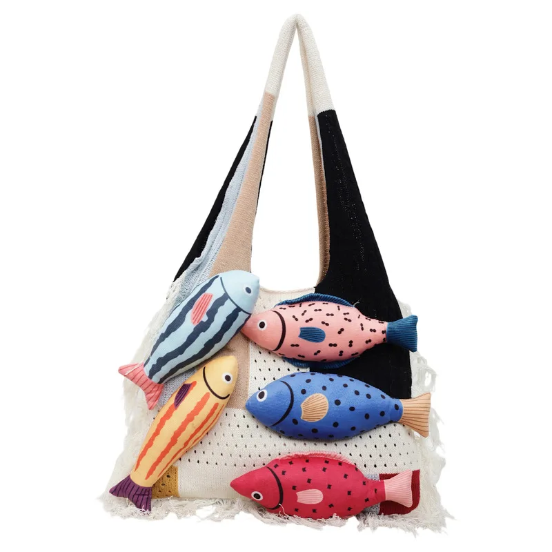 Summer Cotton Crochet Shoulder Bag Large Capacity Fish Hollow Out Woven Bag for Women Simple Contrast Color Tassel Beach Handbag