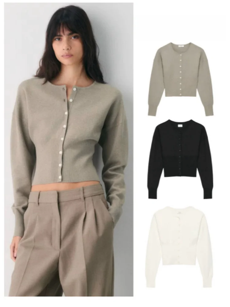 

Aritzia Women's Slim Fit Long Sleeve Knitted Button Cardigan round Neck Fine Needle Waist Cinched Autumn Winter New Style