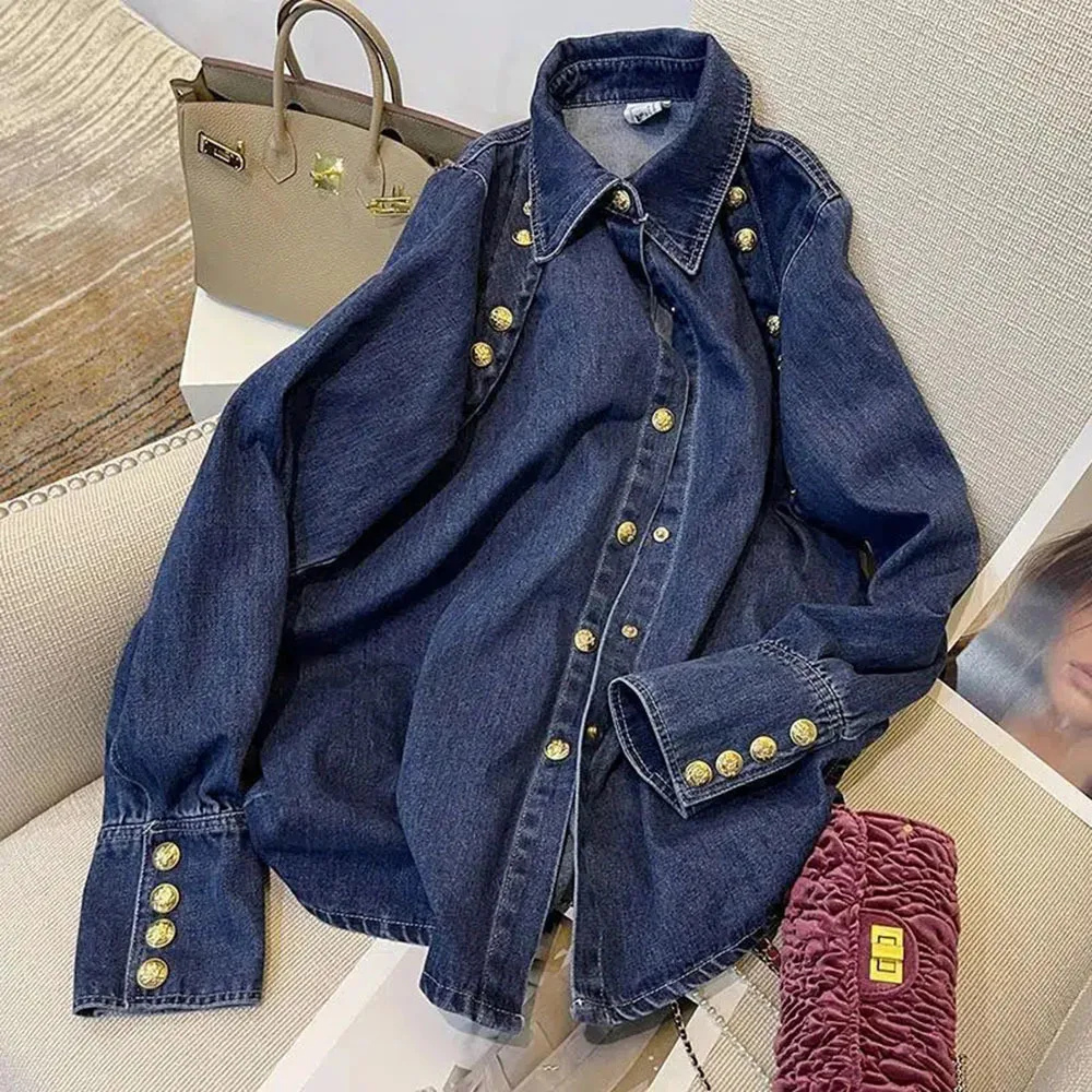 High Quality Fashion Women\'s Blouses And Shirts 2023 Runway Luxury Brand Denim Blouse Ladies Shirt Autumn Jean Women\'s Clothing