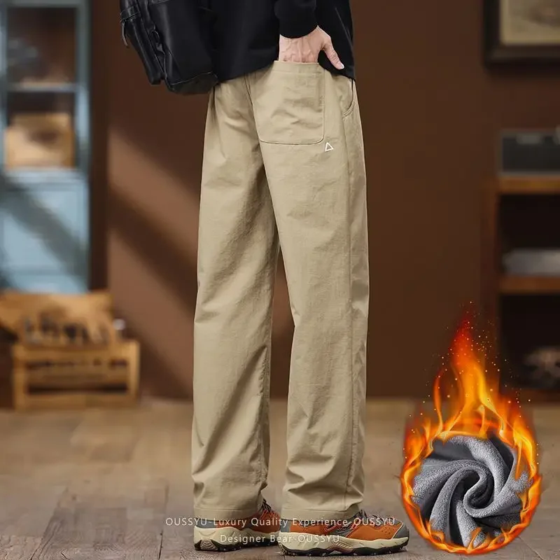 Brand Clothing Winter Fleece Warm Casual Pants Men Straight Zipper Pockets Quick Dry Cargo Outdoor Work Elastic Waist Trousers