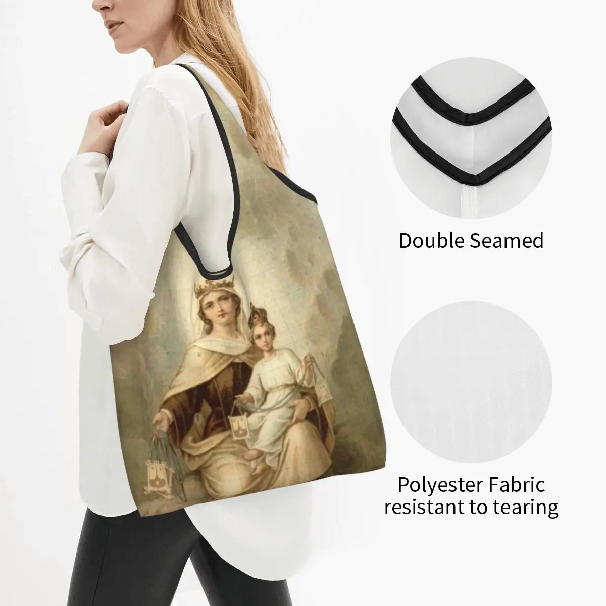 Custom Reusable Our Lady Of Mount Carmel Shopping Bag Women Tote Bag Portable Catholic Virgin Mary Groceries Shopper Bags