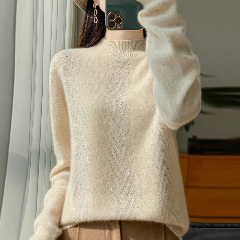 

Knitted Women's Pullover Sweater Luxurious Sparkling Rhinestone Semi High Neck Sweater Fashionable Slim Fit Solid Color Warm Top