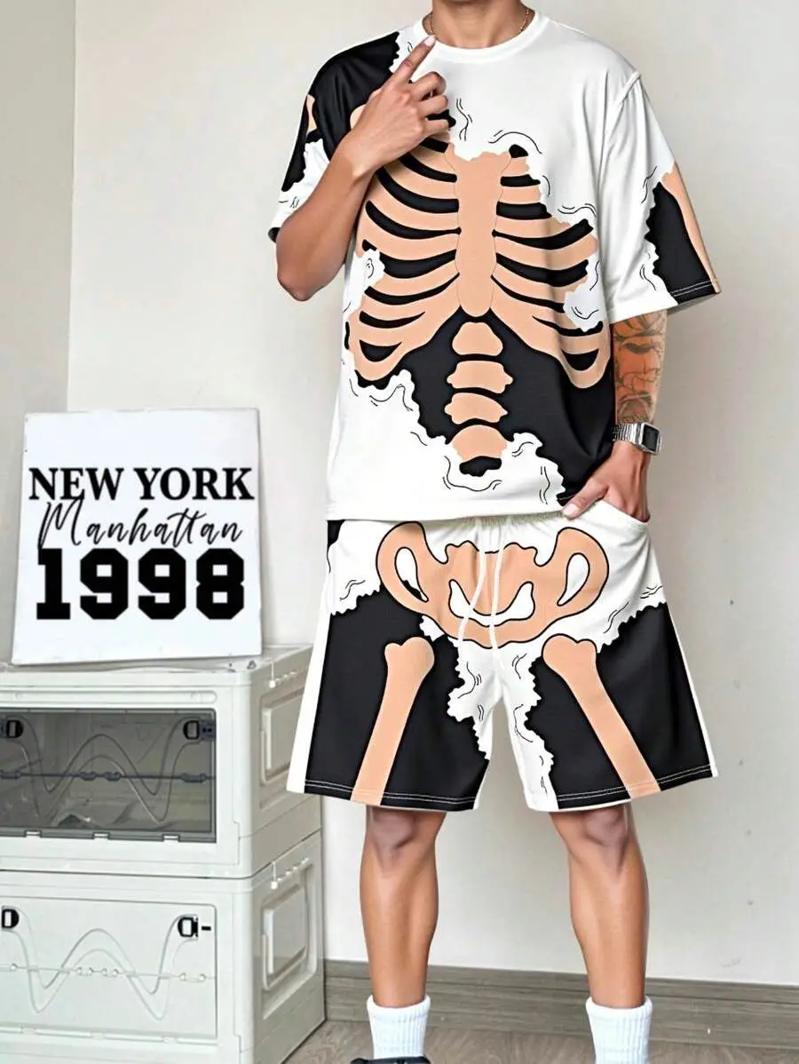 

2pcs Set Fashion Leisure Comfortable Set Men Including T-shirts Shorts Suitable Sports Fitness Activities Summer Skull Print