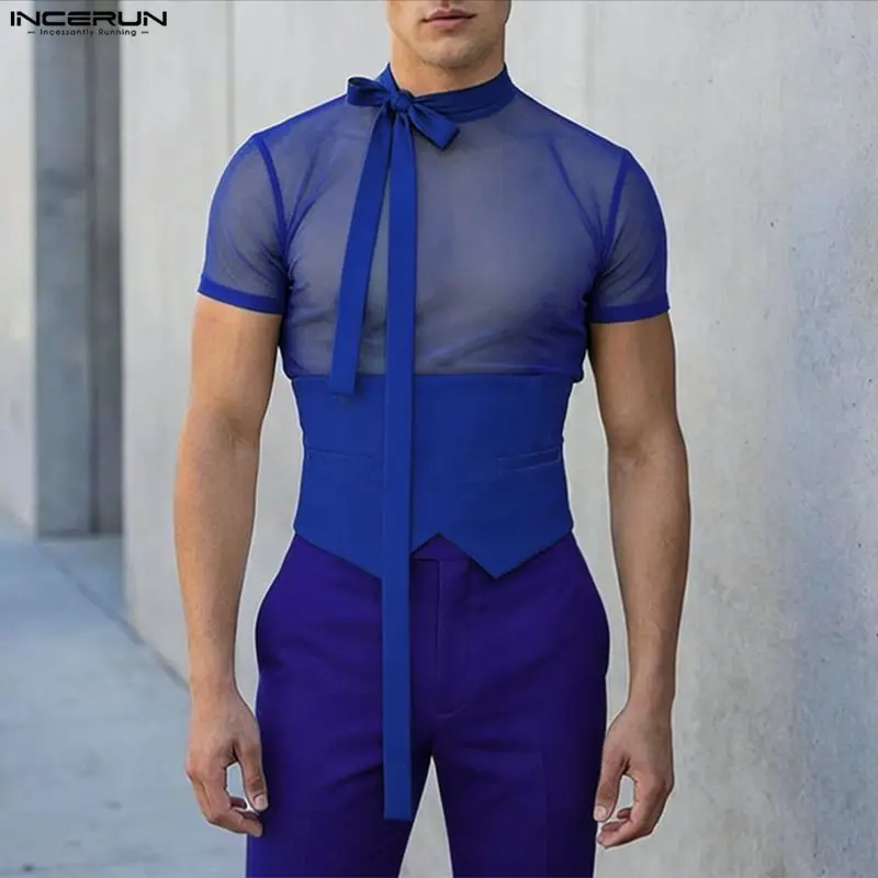 INCERUN Men's T Shirt Mesh Patchwork Short Sleeve See Through Men Tee Tops Streetwear Sexy 2026 Lace Up Fashion Men Clothes
