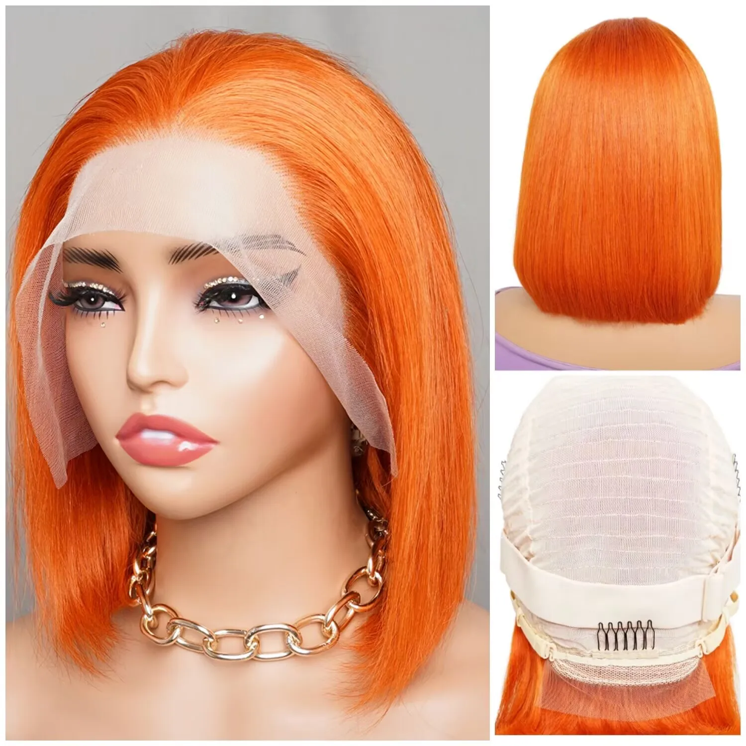 

#350 Ginger Color Bone Straight 15A Short Bob Wig 13x4 HD Lace Frontal Wigs Pre-colored Orange Remy Indian Human Hair Extension