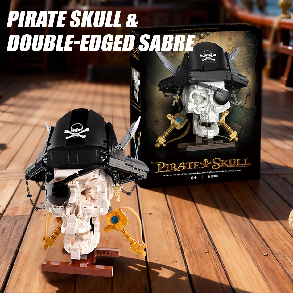 

MOC Pirate Skull Endoskeleton Building Blocks Medieval Pirate Hat Double-edged Sword Desktop Ornaments Bricks Toys for Kids Gift