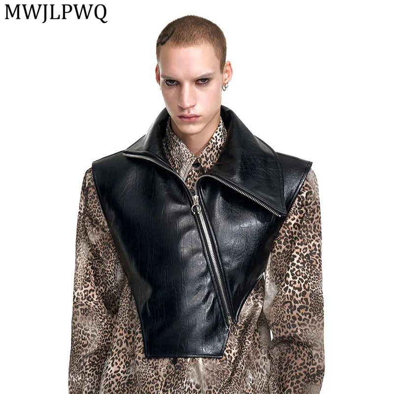 

MWJLPWQ High Collar Diagonal Zipper Design PU Leather Vest Jacket For Men 2025 Autumn Niche Irregular Texture Casual Tops 11761