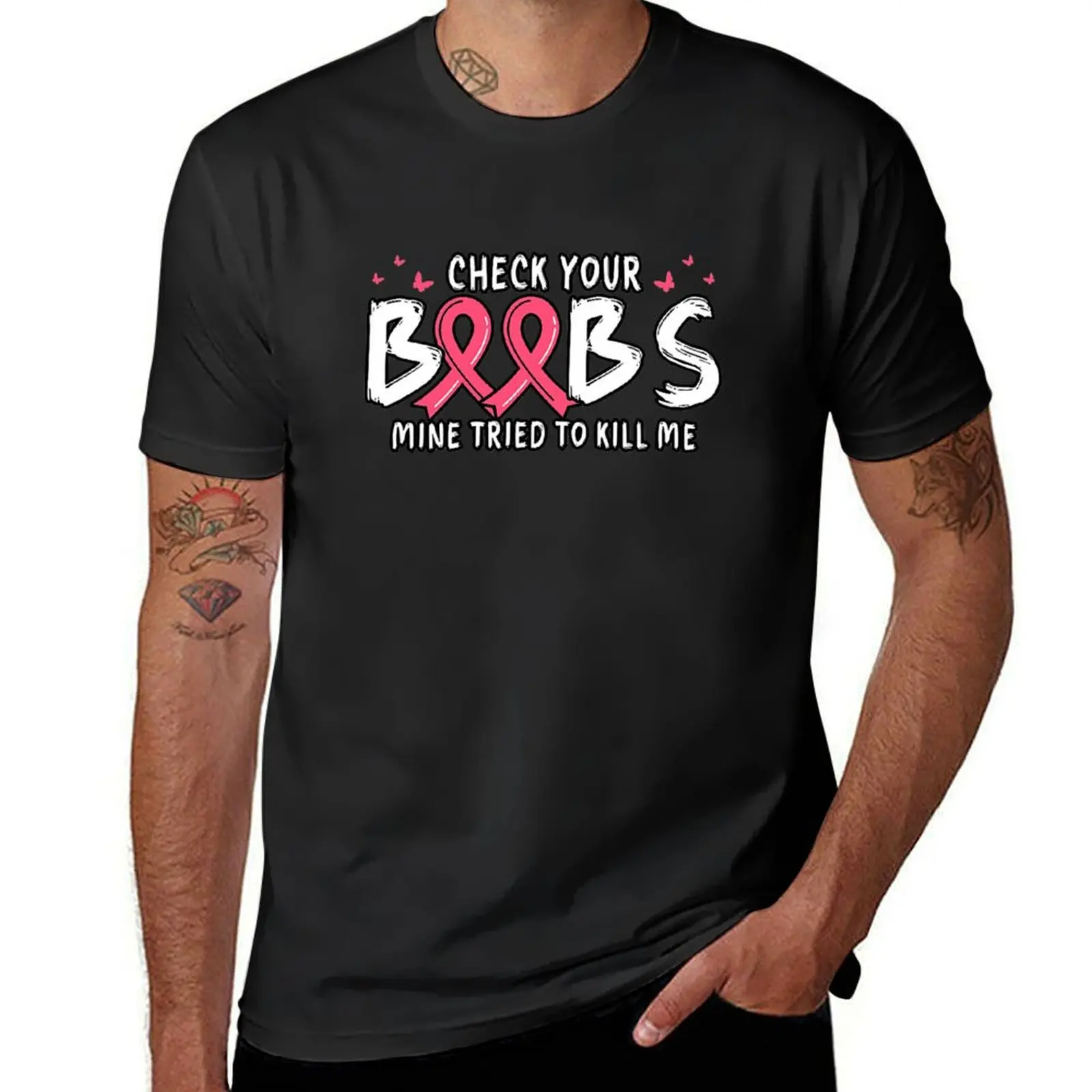 

Womens Cancer Awareness Check Your Boobs Mine Tried To Kill Me T-Shirt anime tshirt boys animal print cotton t shirt men