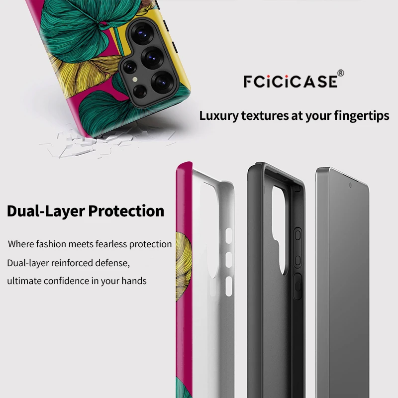 Fcicicase S25 الترا موضة يترك طباعة جراب هاتف لسامسونج غالاكسي S24 زائد S20 FE S23 A56 A26 A36 A16 ماتي PC غطاء من البولي يوريثان
