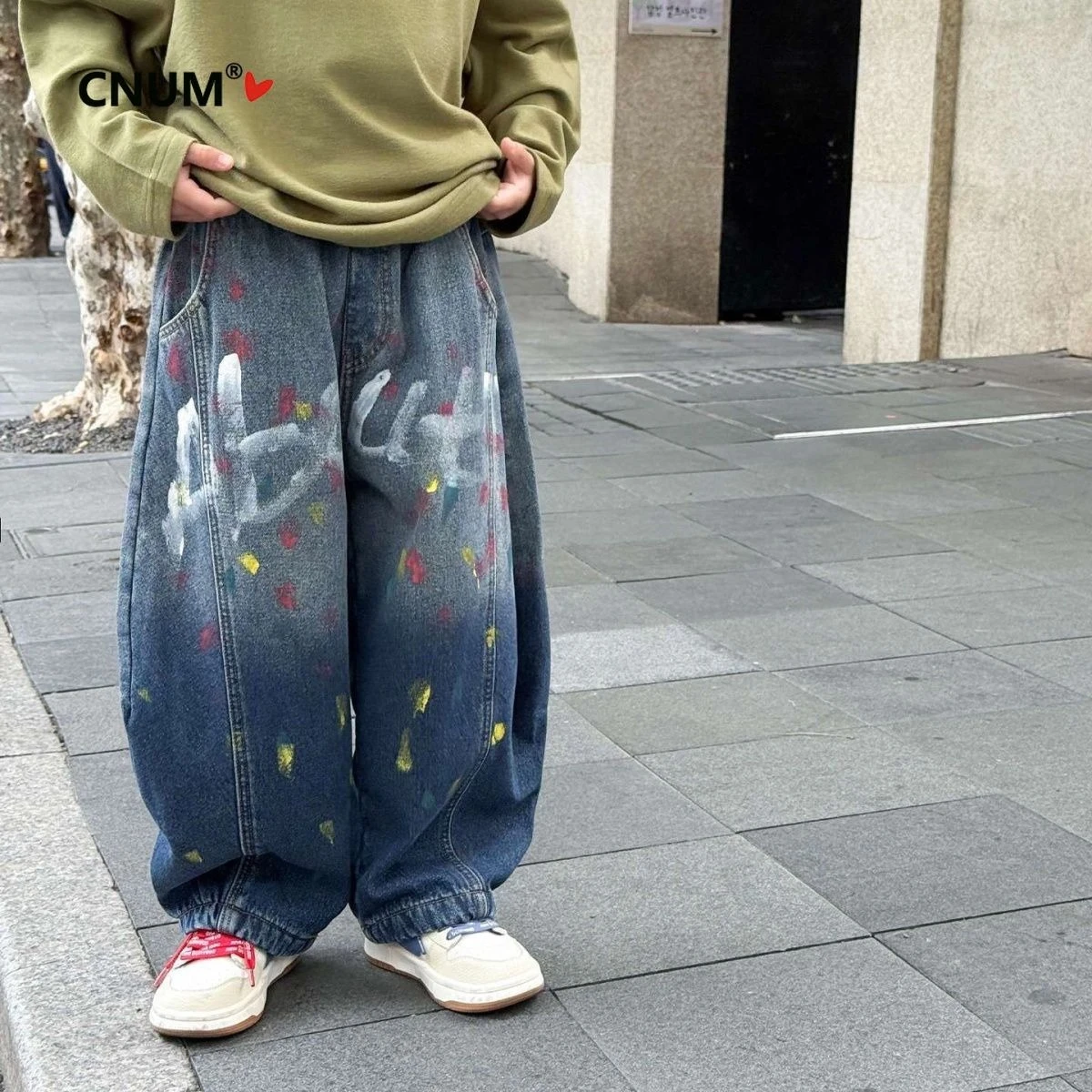 Boys' 2026 Spring New Unique Print Denim Pants, Trendy Versatile Casual Loose Wide-leg Pants for Big Kids