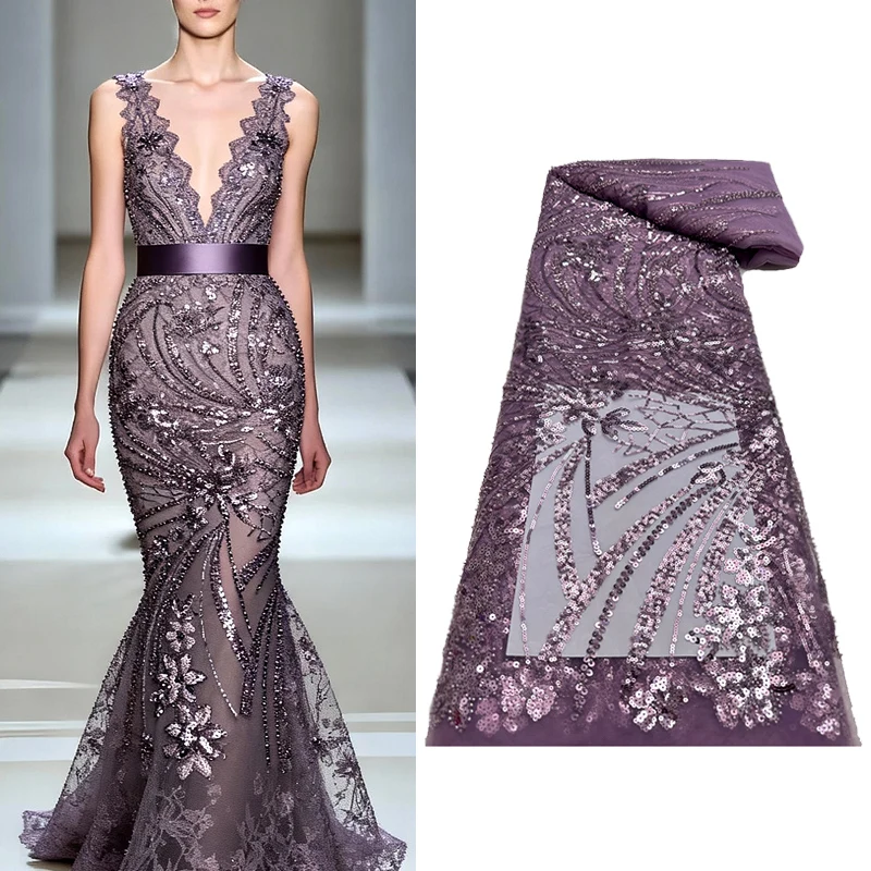 

2025 High-quality African Nigerian Elegant Beaded Embroidered Fabric French Tulle Lace Fabrics With Sequins For Party Wedding