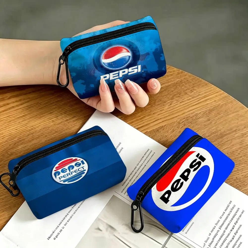 P-Pepsis LOGO Tragbare Geldbörse aus Oxford-Stoff mit Karabinerhaken aus Legierung, kleine Reißverschlusstasche für den täglichen Gebrauch am Rucksackgurt
