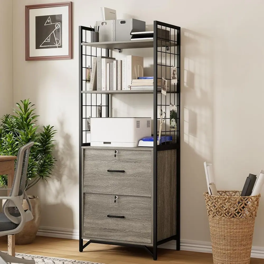 

64-inch Office Cabinet with Printer Stand, Bookshelf, and 2-Drawer Storage Cabinet for A4/Letter/Legal Files