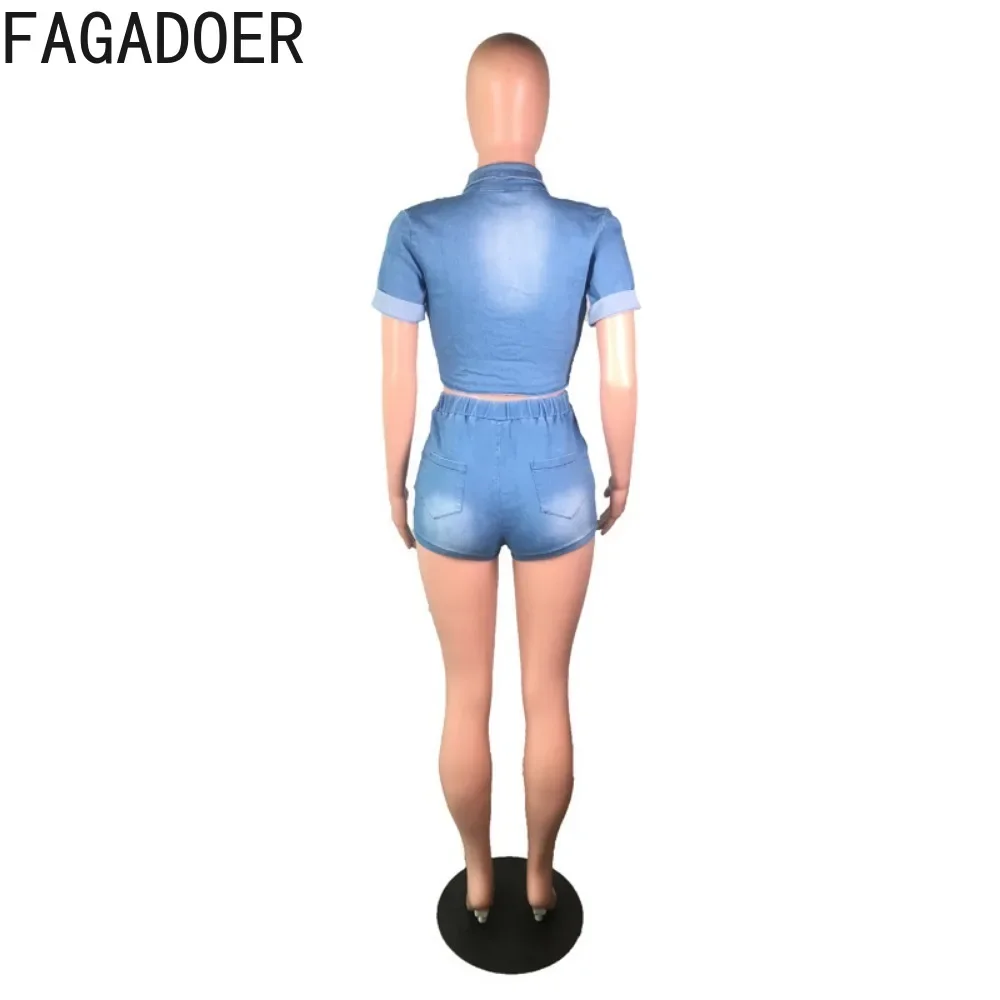 FAGADOER Blue Fashion Bandage Denim Two Piece Sets Women Turndown Collar Crop Top And Shorts Outfits Casual Cowboy 2pcs Clothing