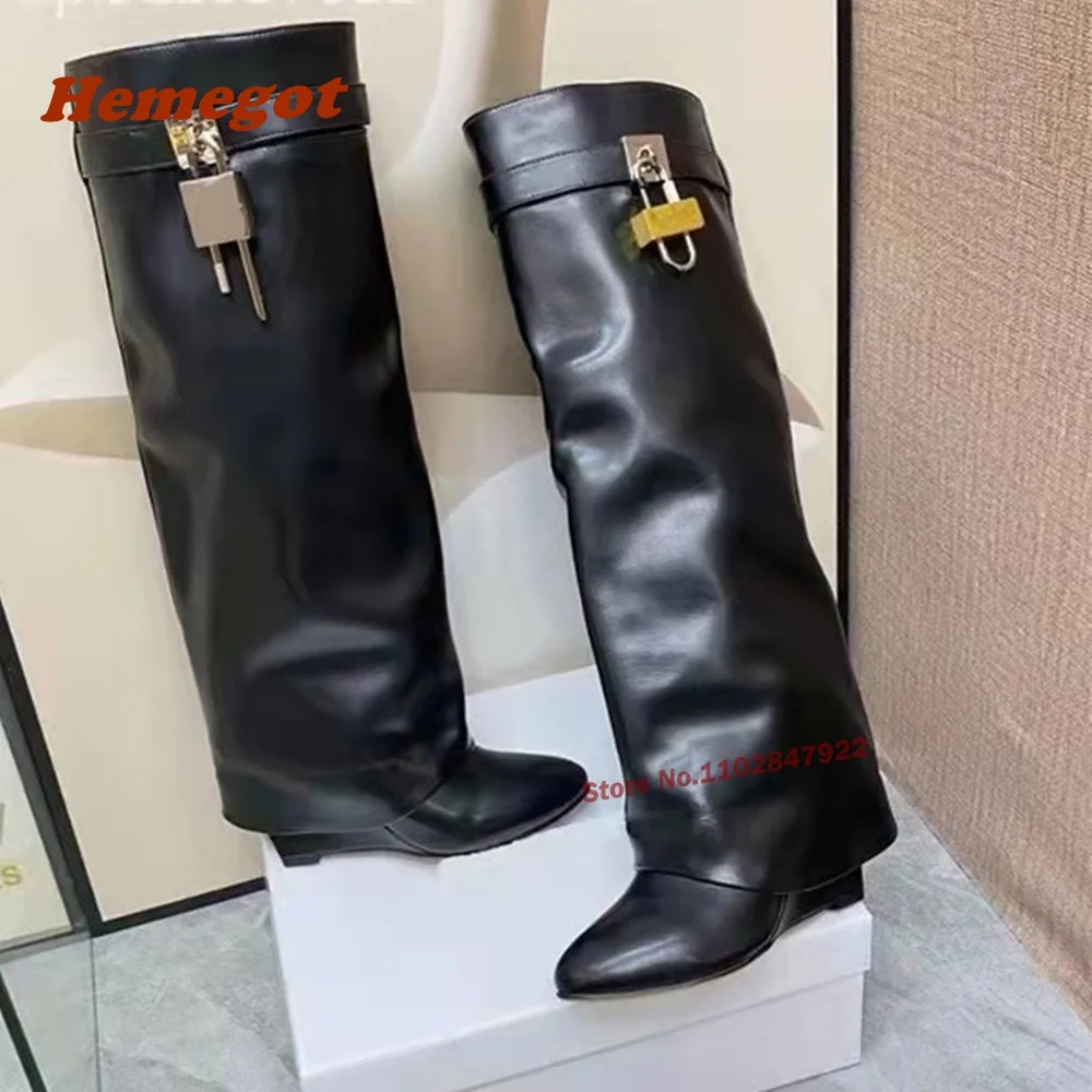 Black Padlock Wedges Leather Boots Round Toe Knee High Shark Boots Winter Luxury Runway Shoes Plus Size 43 High Heels Women\'s