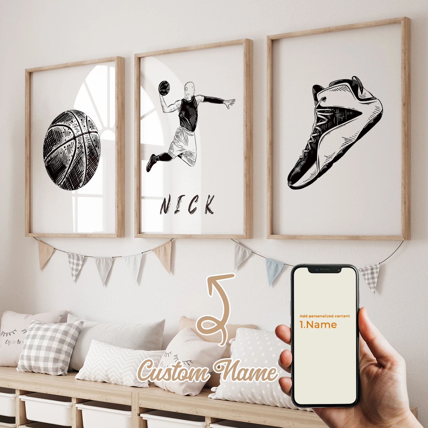 3 Stück personalisierte, individuelle Cartoon-Kinder-Basketball-Wandkunst, Druckbild, Leinwandposter, Gemälde für Wohnzimmer, Heimdekoration