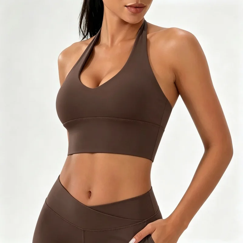 Damen-Sport-BH mit V-Ausschnitt und Halterneck, ultra-elastisch, mit Polsterung, offenem Rücken, Fitness-Tanktop für Yoga, Workout und Activewear – Detail 2