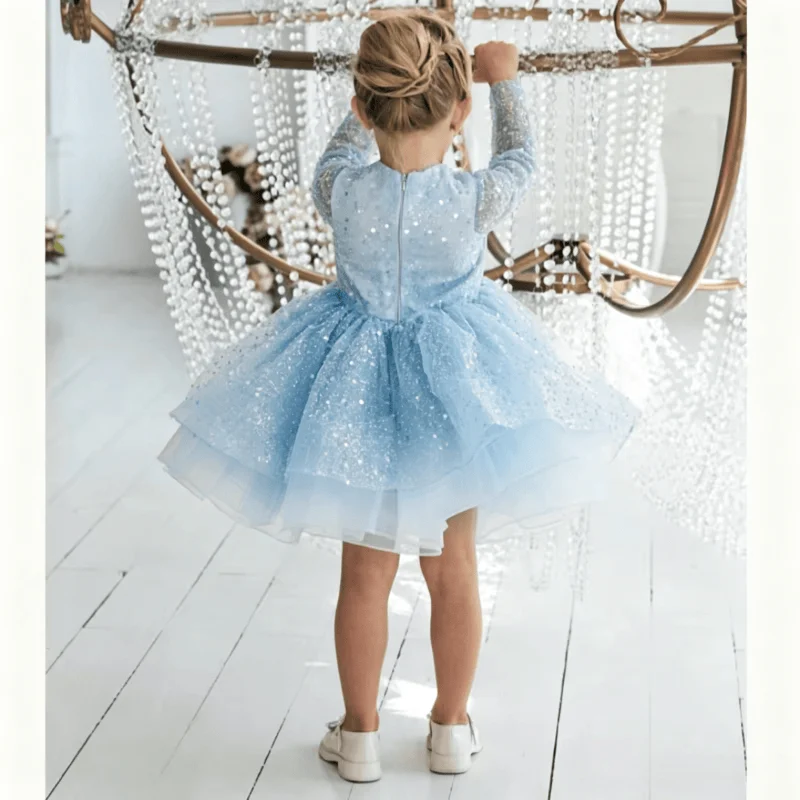 Custom Flower Girl Dress For Wedding Sparkly Mesh Long Sleeve Front Deep V Large Matching Bow Layered Ruffle Knee Length Tutu