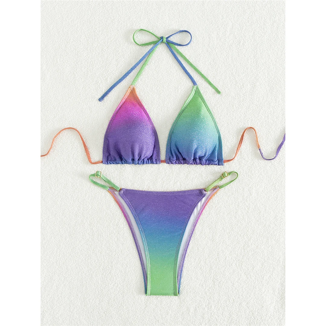 XS - L Bunter, glänzender Bikini mit hohem Beinausschnitt, Damen-Badebekleidung, zweiteiliger Bikini-Set, Badeanzug, Badebekleidung, Schwimmbekleidung V5393 – Detail 11