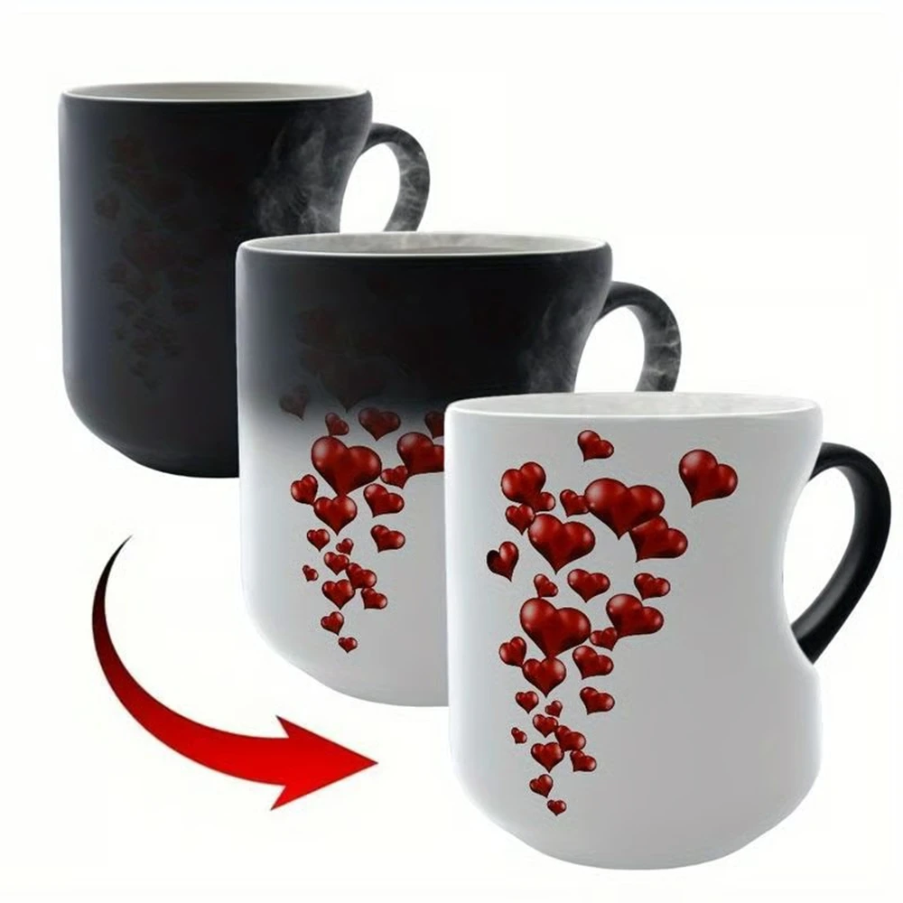 Heat Sensitive Color Changing Magic Mug with Romantic Heart Handle Cute Gift for Birthday Anniversary Valentine's Day Coffee Cup