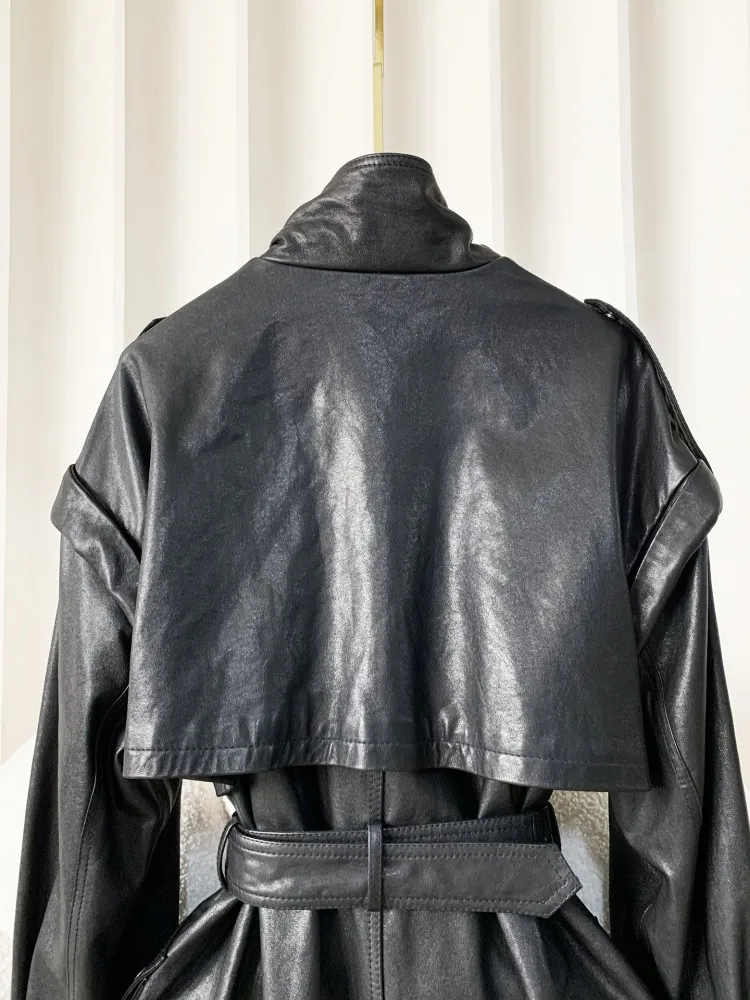 سترة نسائية متوسطة الطول من الجلد الطبيعي بياقة واقفة وخصر عالٍ للخريف ملابس الشارع الشهير معطف سترة واقية من جلد الغنم الحقيقي