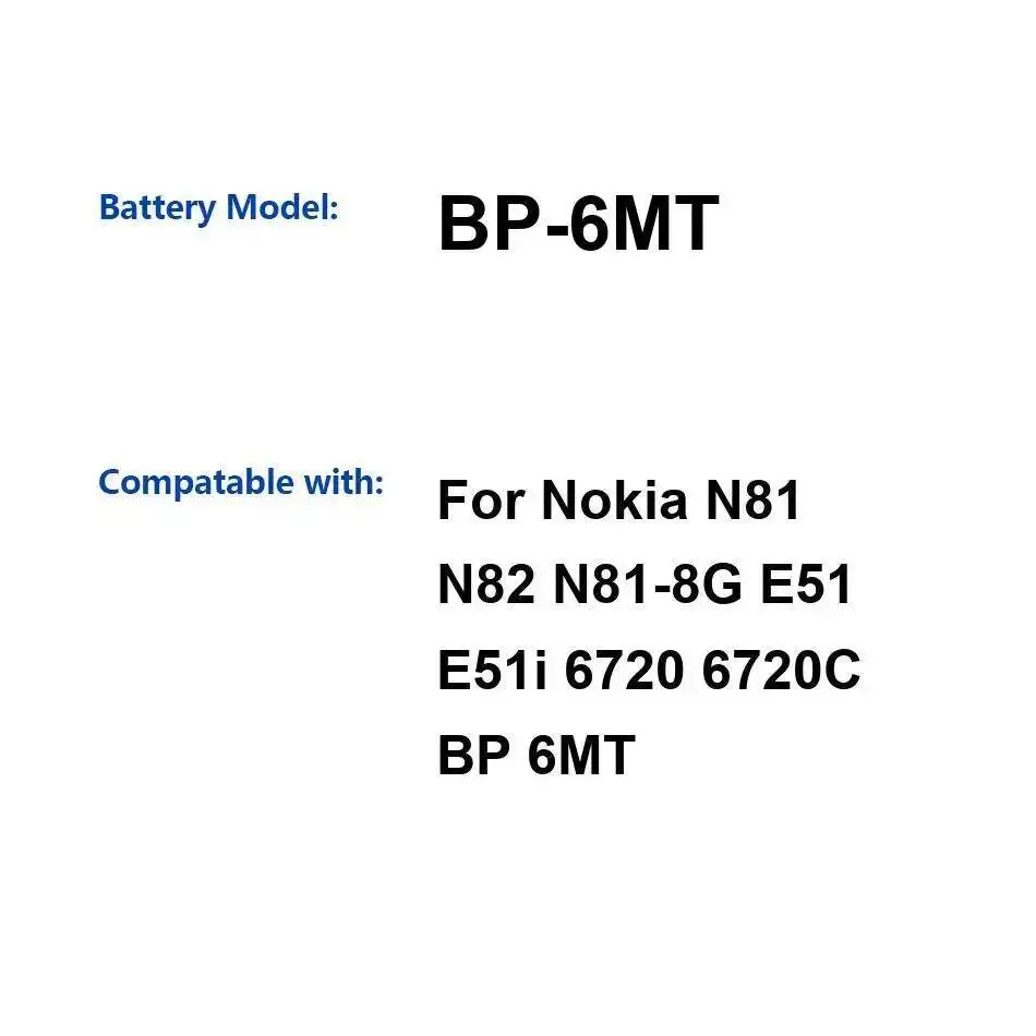 

Аккумулятор мобильного телефона для Nokia N81 N82 N81-8G E51 E51i 6720 6720C Высокоэффективный экологически чистый BP-6MT 1050 мАч