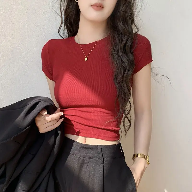 Zomer Nieuwe Draad Ronde Hals T-shirts Dameskleding Korte Mouwen Strakke Fit All-Match Eenvoud Koreaanse Temperament Chic tops