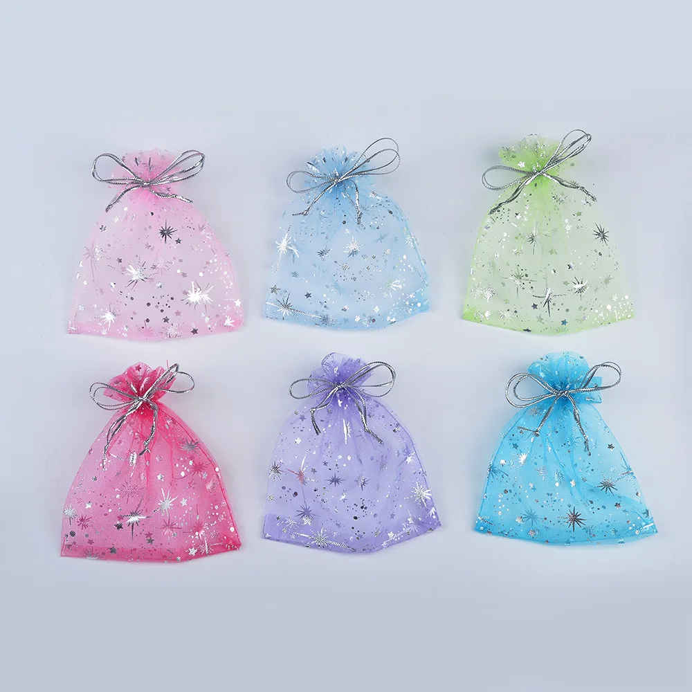 50pcs/set 9*12cm Wholesale Organza Drawstring Pouches Star & Moon Print Ideal for Candy Jewelry Watch Straps & Gift Packaging