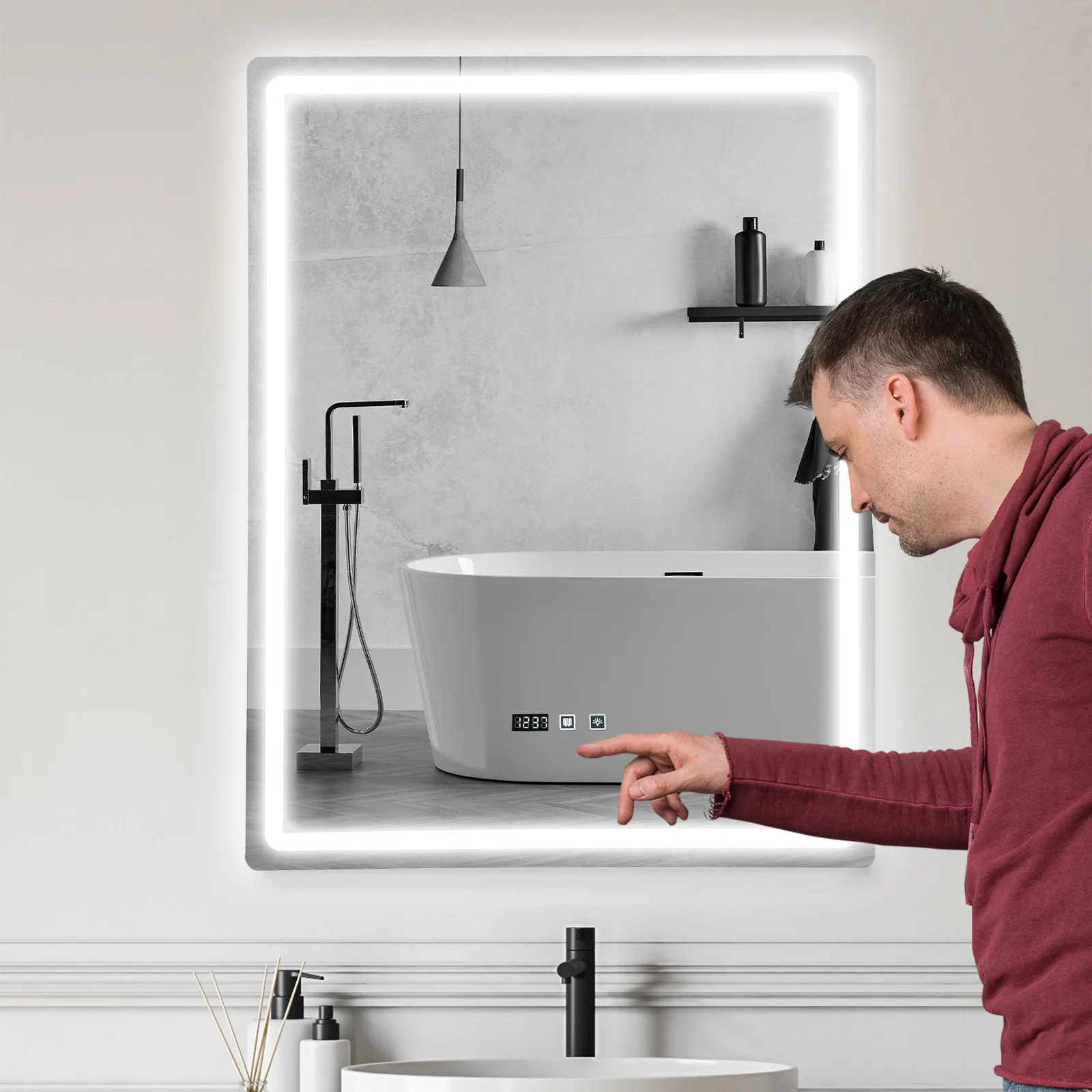 Specchio da bagno a LED 70x90 cm Supporto da parete antiappannamento, display della temperatura dimmerabile e che cambia colore, impermeabile IP54 per vanità