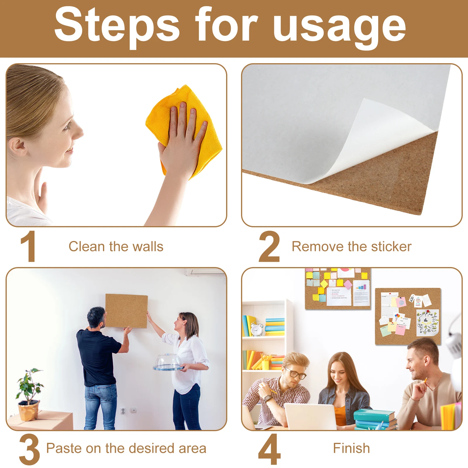 6Pcs Cork Board Rectangular Cork Bulletin Board with 50 Wall Nail Self-Adhesive Cork Display Boards Reusable Decorative