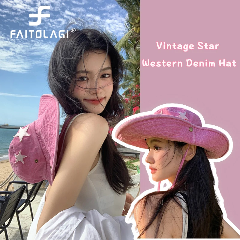 Sombrero de vaquero de estrella Punk para mujer, visera de Sol de ala ancha, gorra de pescador Retro de Hip Hop, sombrero de ACU de algodón sólido, gorra de Panamá para niña Y2K