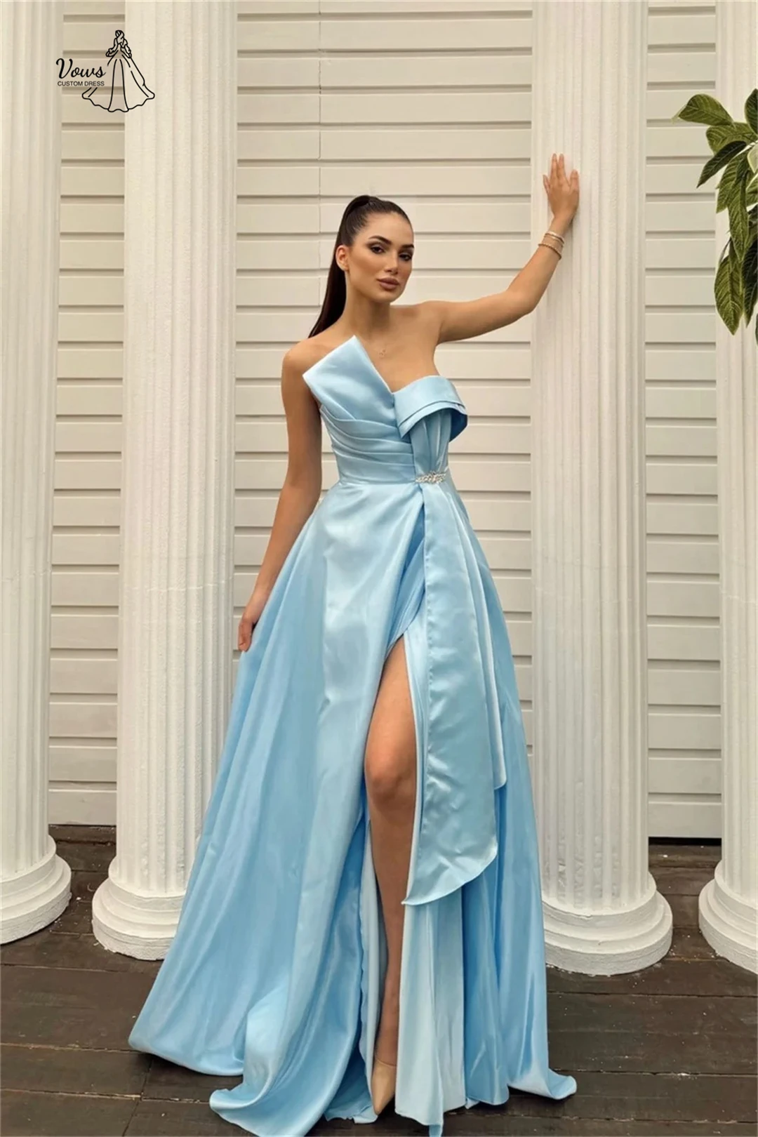 Vows luxuoso vestidos de noite femininos para eventos linha um vestido de baile cetim fora do ombro vestido de festa de casamento feito sob encomenda