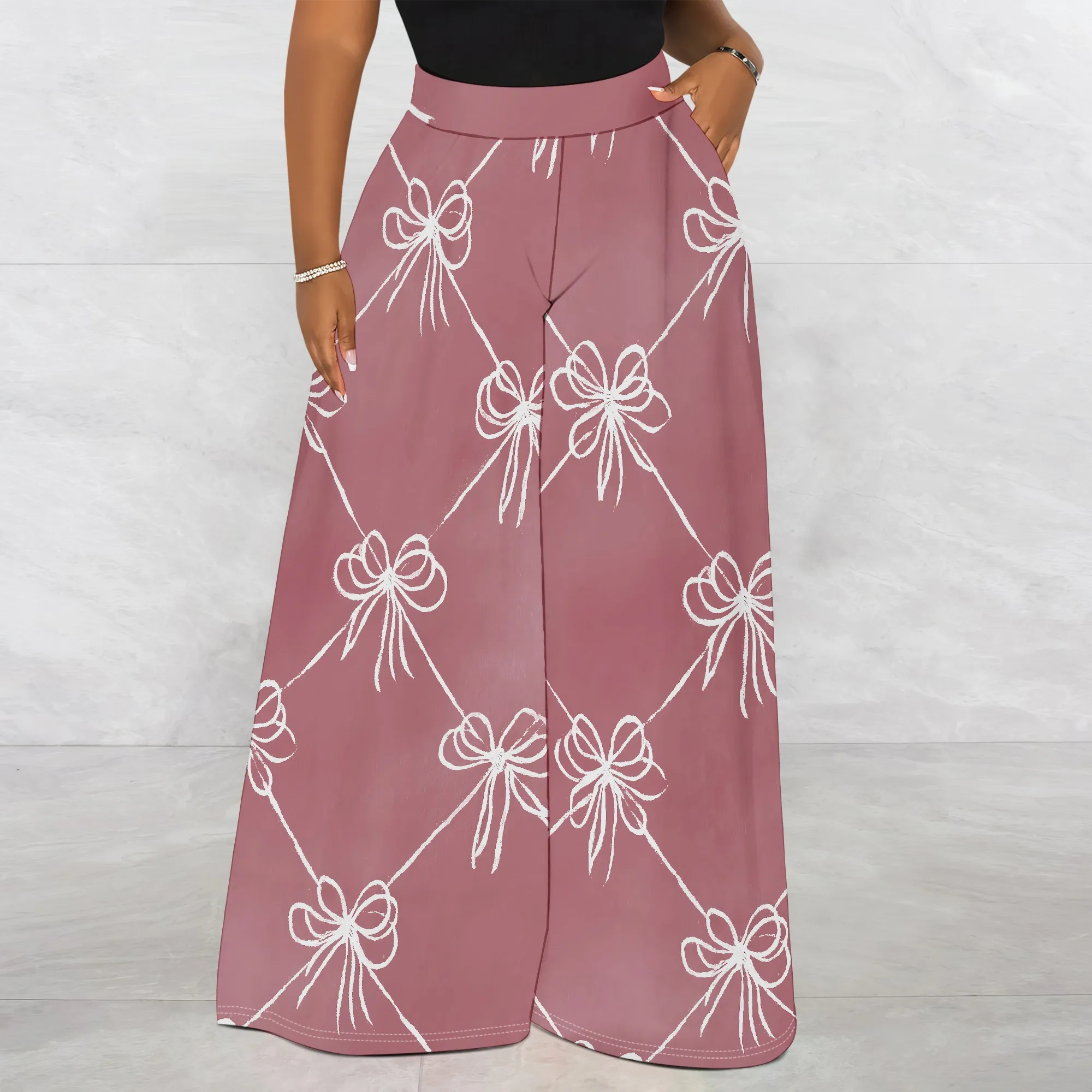 Bow Print Wide Leg Pants, Graphic Loose Trousers, Pocket Palazzo Pants for Women Casual Daily Wear S-3XL