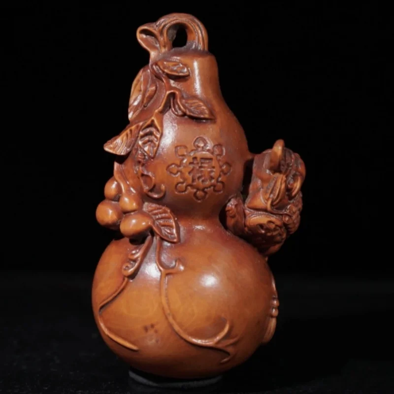 Chinese Natural Boxwood Carved Golden Toad Wooden Gourd Statue Home Decor Art