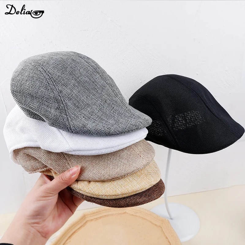 Men Summer Breathable Berets Soft Cotton and linen Hat Windproof Street Newsboy Beret Hat Retro England Hats Peaked Painter Caps