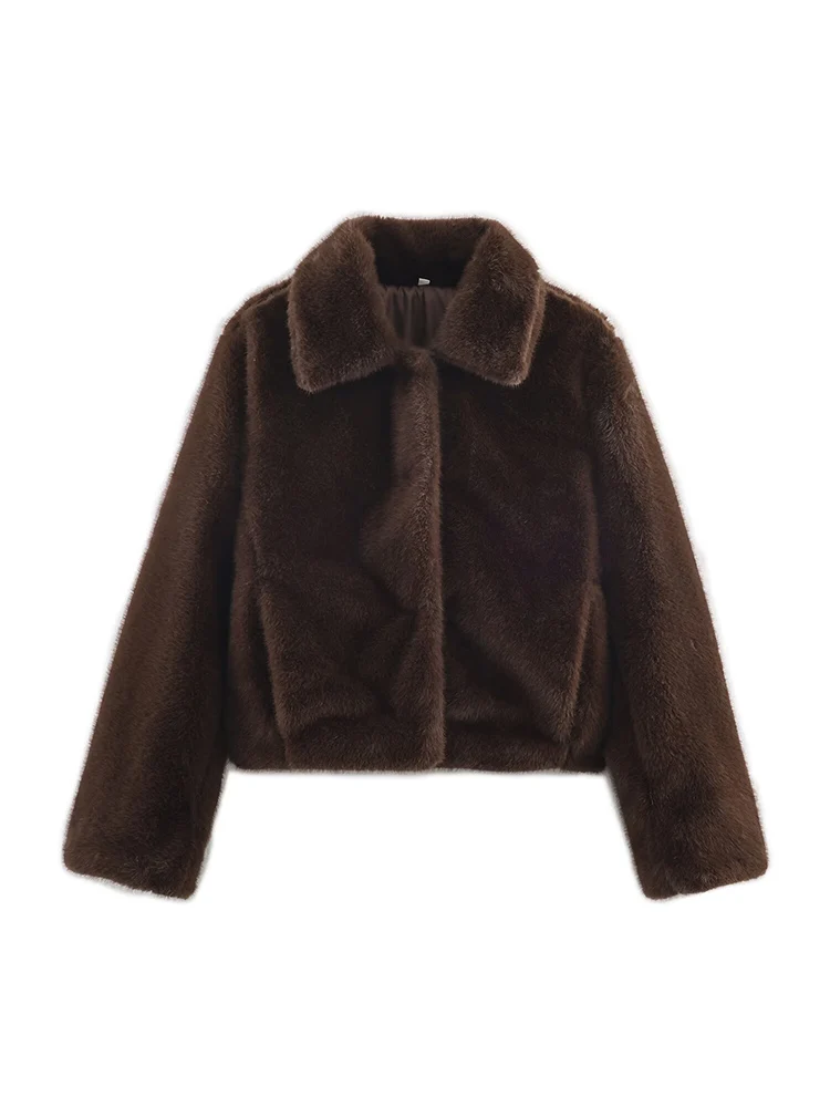 

European style new women's fashion, versatile and elegant, simple solid color lapel long-sleeved faux fur coat.