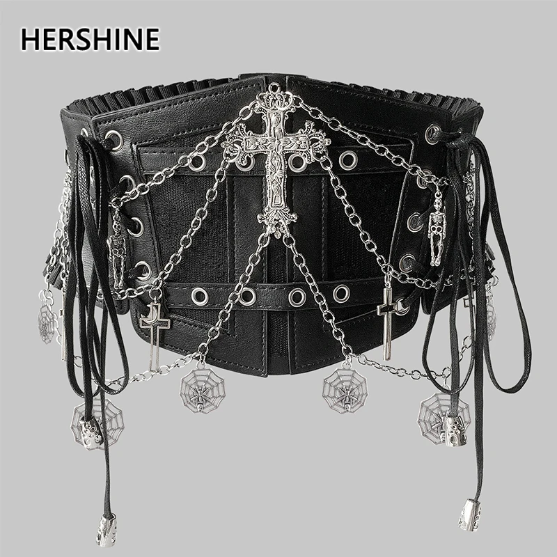 HERSHINE Women's Fashion Lace Waist Belt with Spiderweb Chain Accessory, Y2K Gothic Style Christmas Eve/Christmas Accessory
