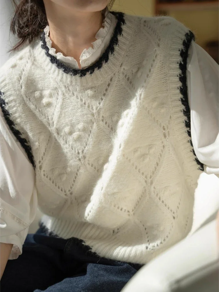 Trendy Pink Crochet Vest Women Vintage Color Block Knitted Waistcoat Autumn Sleeveless Layering Top Y2K Chic Streetwear