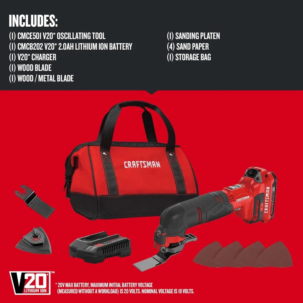 V20 Cordless Multi-Tool, Oscillating Tool Kit, Blades, Sand Paper, Battery and Charger Included (CMCE501D1)