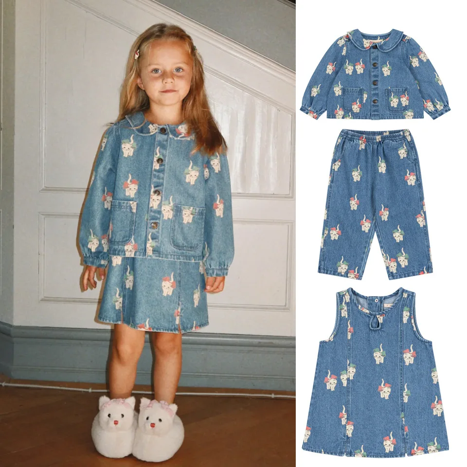 Spring 26 New Children's Set Ks Full Print Kitten Denim Series Girls Long-sleeved Coat Sleeveless Vest Dress Long Pants