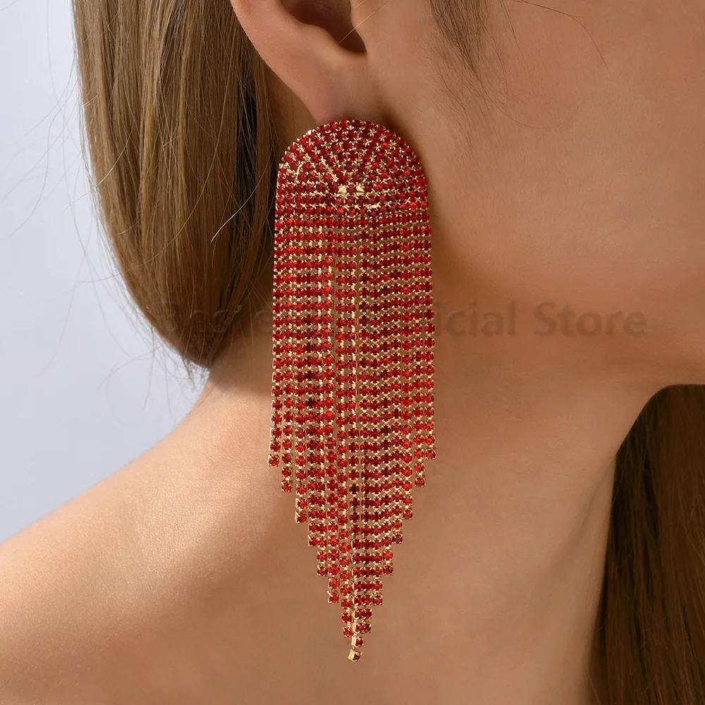 

Vintage Long Tassel Rhinestone Dangle Earrings For Woman Geometric Fashion Multicolor Luxury Jewelry Accessories Girl Party Gift