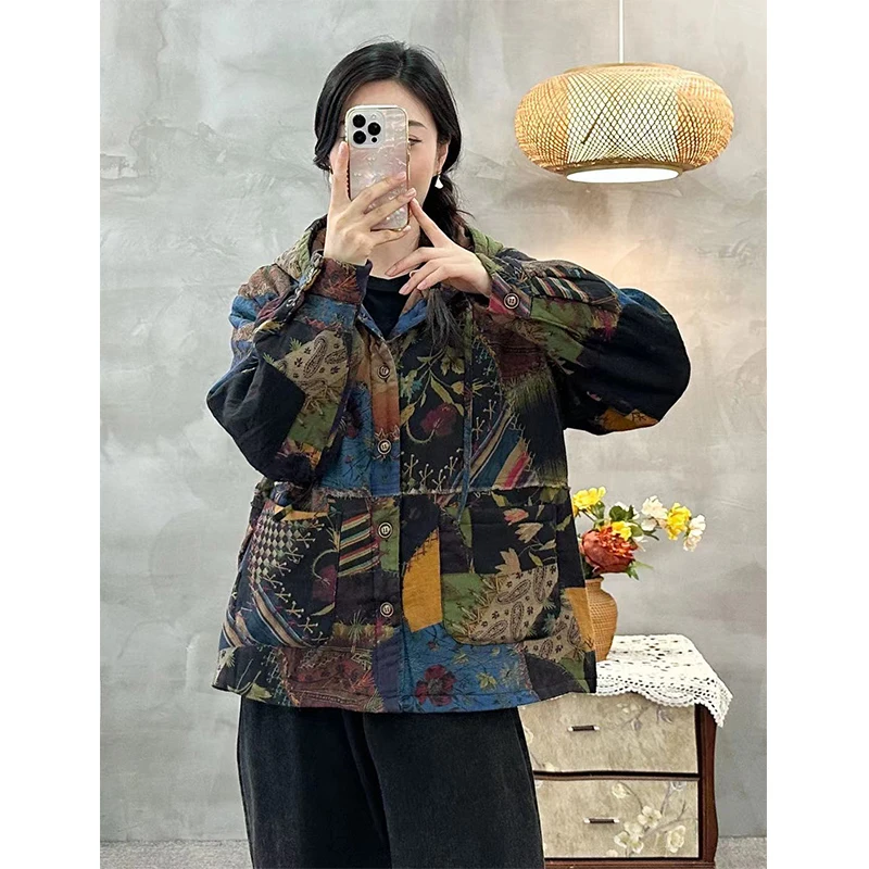 Masss Wasss Coreano Inverno 2025 Stampato Con Cappuccio Caldo Parka Donna Vintage Per Il Tempo Libero Classico Trapuntato Jeackets Addensare Cappotti di Moda