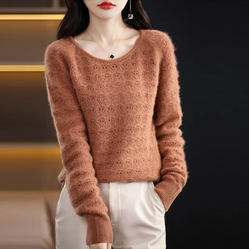 Women 100% Mink Cashmere Sweater Scoop Neck Hollow Out Pullover Autumn Winter Fashion Casual Knit Cashmere Sweater Bottoming Top