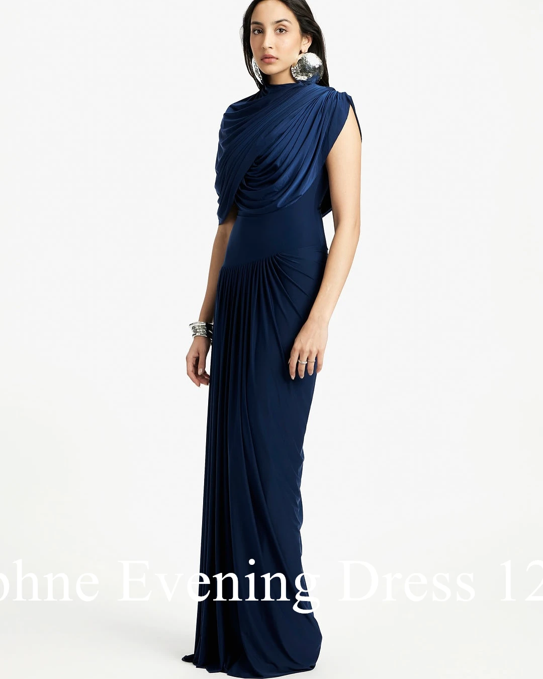 Customized Temperament Crew Neck Jersey Short Sleeves Evening Dresses Graceful Pleats Blue Vestido De Noche Vestido De Festa